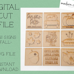 Pode incluir: Um conjunto de oito arquivos SVG em miniatura com tema de outono para artesanato. Os designs incluem uma placa de remendo de abóbora, um caminhão com abóboras, uma torta, uma raposa, uma placa que diz "Eu amo o outono mais do que tudo", uma placa que diz "Labirinto de milho, sidra de maçã, passeios de feno, torta fresca", e duas placas com folhas de outono.