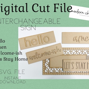 Interchangeable Frame, Hello, Lets Stay Home, Welcomeish, Amen, Glowforge Laser, Mini Sign SVG, Tiered Tray SVG, Religious SVG, Amen Sign