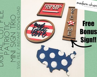 Patriotic Mini Sign Trio, Glowforge Laser, Mini Sign SVG, Tiered Tray SVG, Laser Cut File