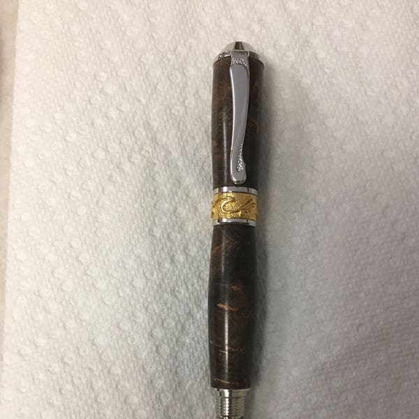 Unique one of a kind 22 carat Gold inlay rare polished brown box elder wood  Nouveau Sceptre ball point Pen