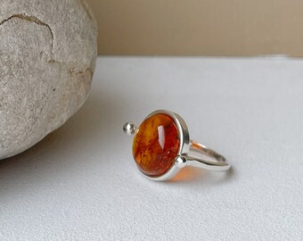 Blood Amber Ring   Quality Cherry Baltic Amber Gemstone and Sterling Silver Ring Large Oval Shape Adjustable Ring  Heart Motif
