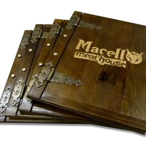 Support de menu en bois, couvercle de menu A4 pour restaurant, pub, hôtel, nom d'enseigne ou logo gravé au laser - Royal avec charnières