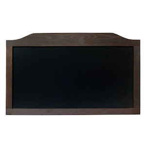 May include: A dark brown wooden framed chalkboard with a black surface. The frame has a slightly arched top.