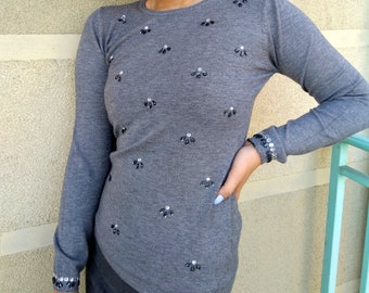 Cashmere Women Sweater. Alpaka Gray Wool Pastel Goth Embellished Rhinestones Sweater. Valentine's Day Gift.