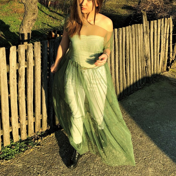 Green Tulle Dress. Sheer Transparent Mesh Maxi Evening Bridal Dress. Tulle Gown. Christmas Gift.