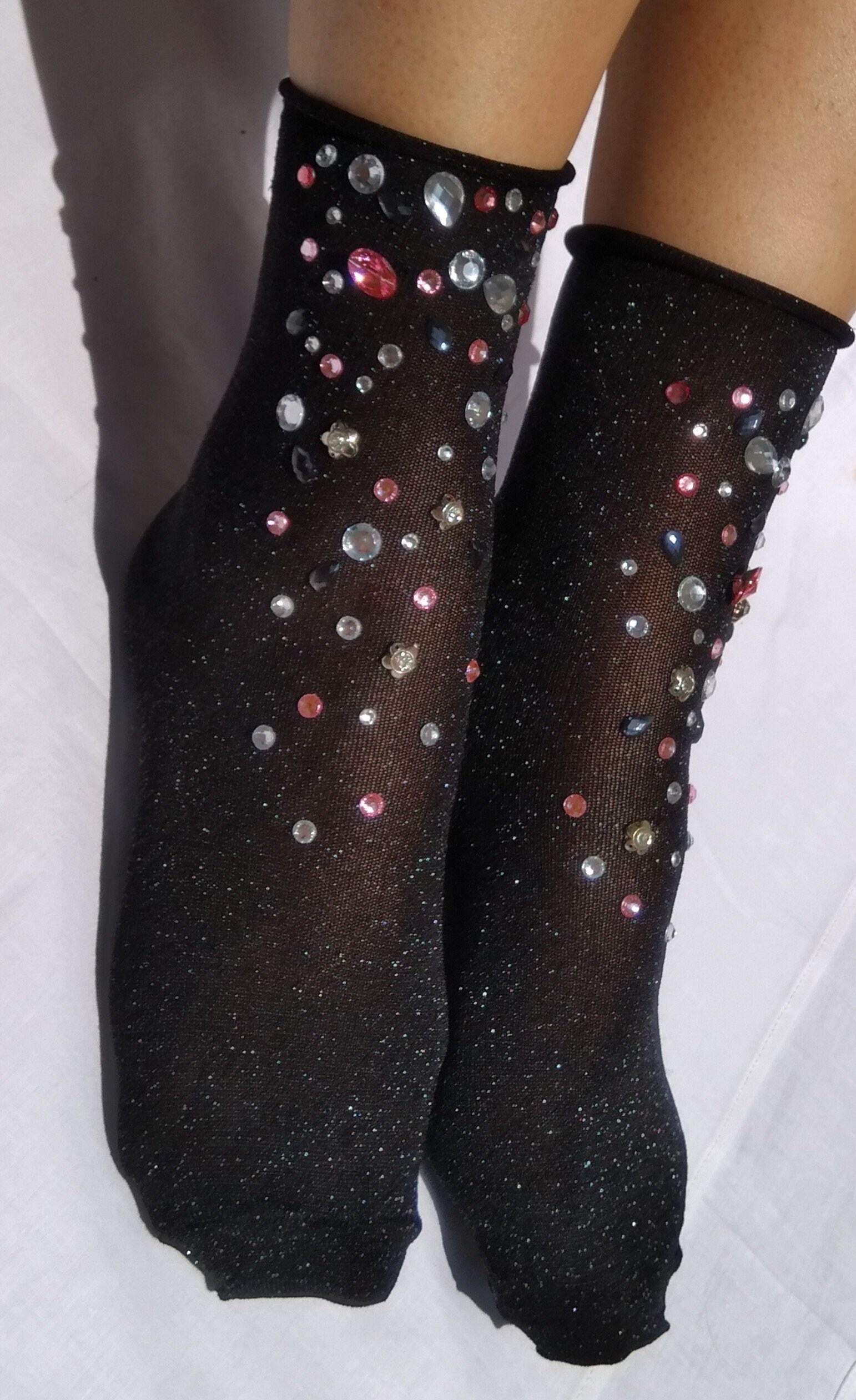Rhinestones Embellished Lurex Black Socks Ankle Cute Cool - Etsy