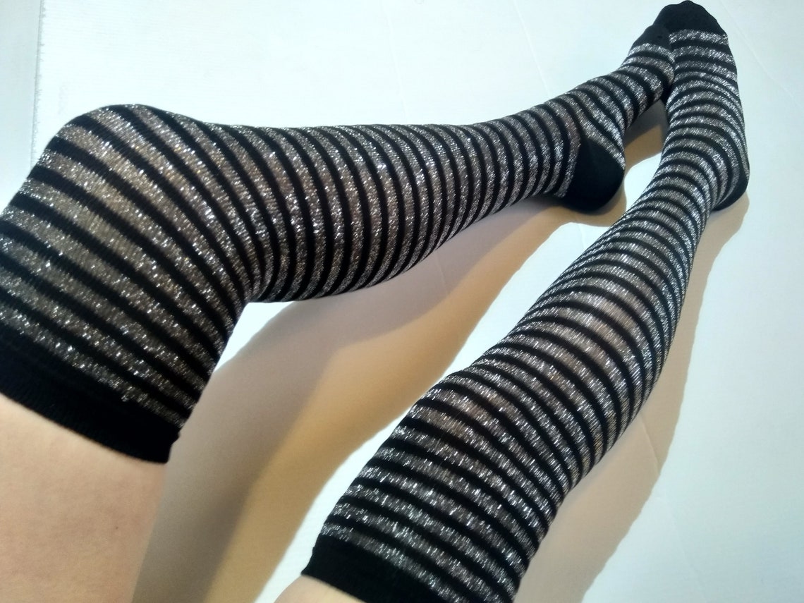 Chaussettes cuisse haute botte. Striped Glitter Lurex Black Etsy