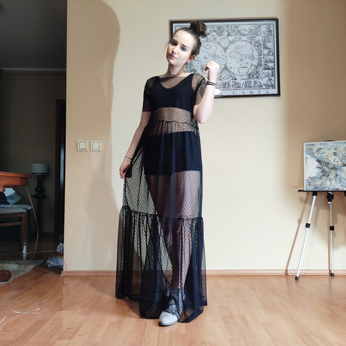 Black Polka Dot Tulle Maxi Dress, Sheer Mesh Gown Black Polka Dot Tulle Maxi Dress, Sheer Mesh Gown