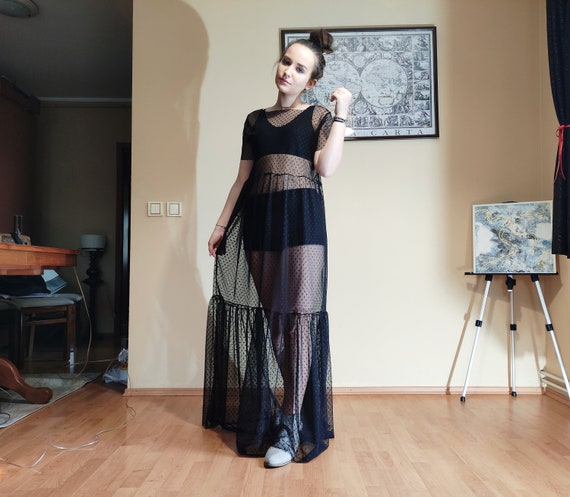Black Tulle Dress. Sheer Transparent Mesh Maxi Evening Polka Dot Dress. Tulle  Gown. Mother's Day Gift. -  Canada