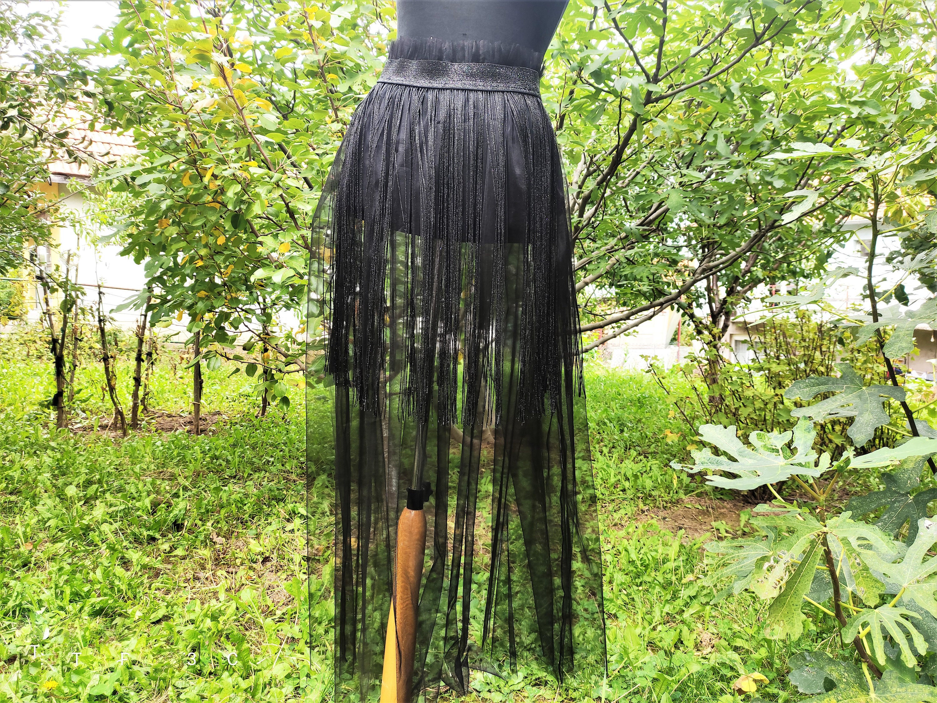 Tulle Black Fringe Skirt. Sheer Tassels Black Coctail Party