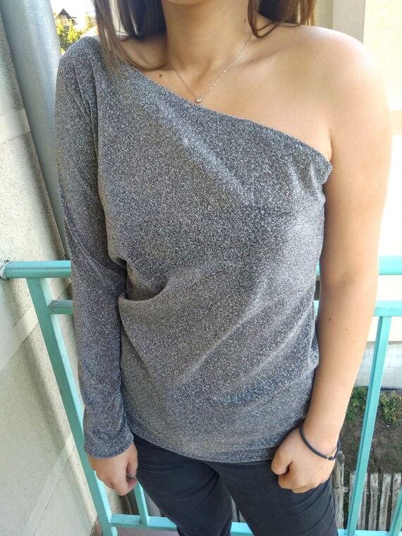 Una blusa de body de hombro. Glitter Lurex Sparkle brillante gris plata transparente camiseta transparente de tul. Lenceria de lujo. Etsy Espana