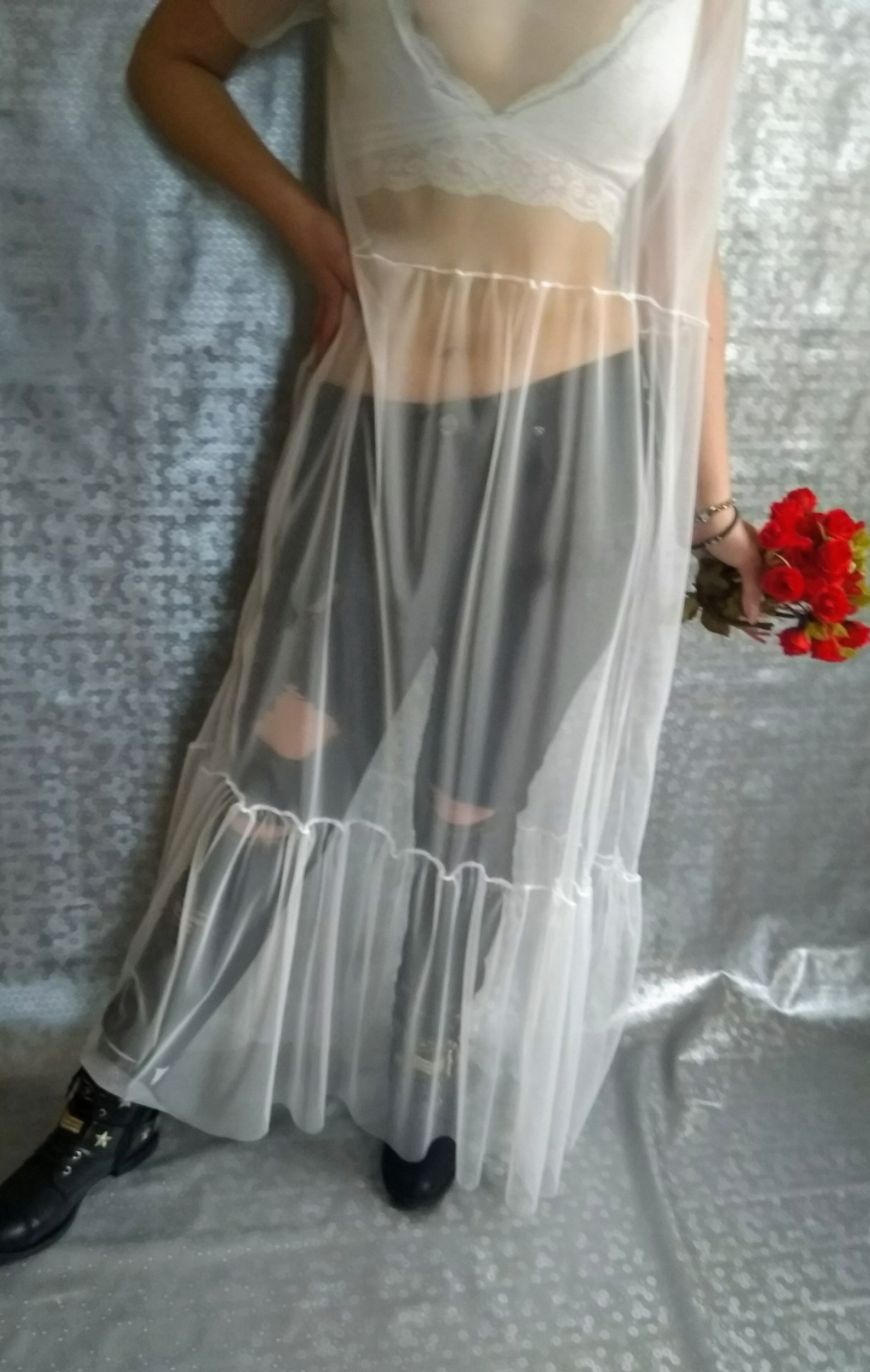 15678 Red Shimmer Transparent Tulle Dress