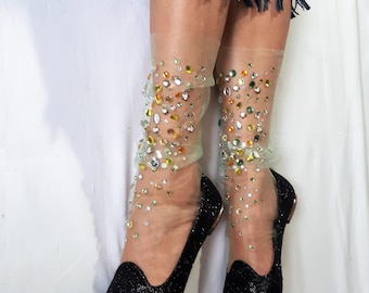 Embellished Tulle Socks. Sheer Novelty Sparkle Rhinestone Cool Cute Summer Sandals Socks. Transparent Lingerie.