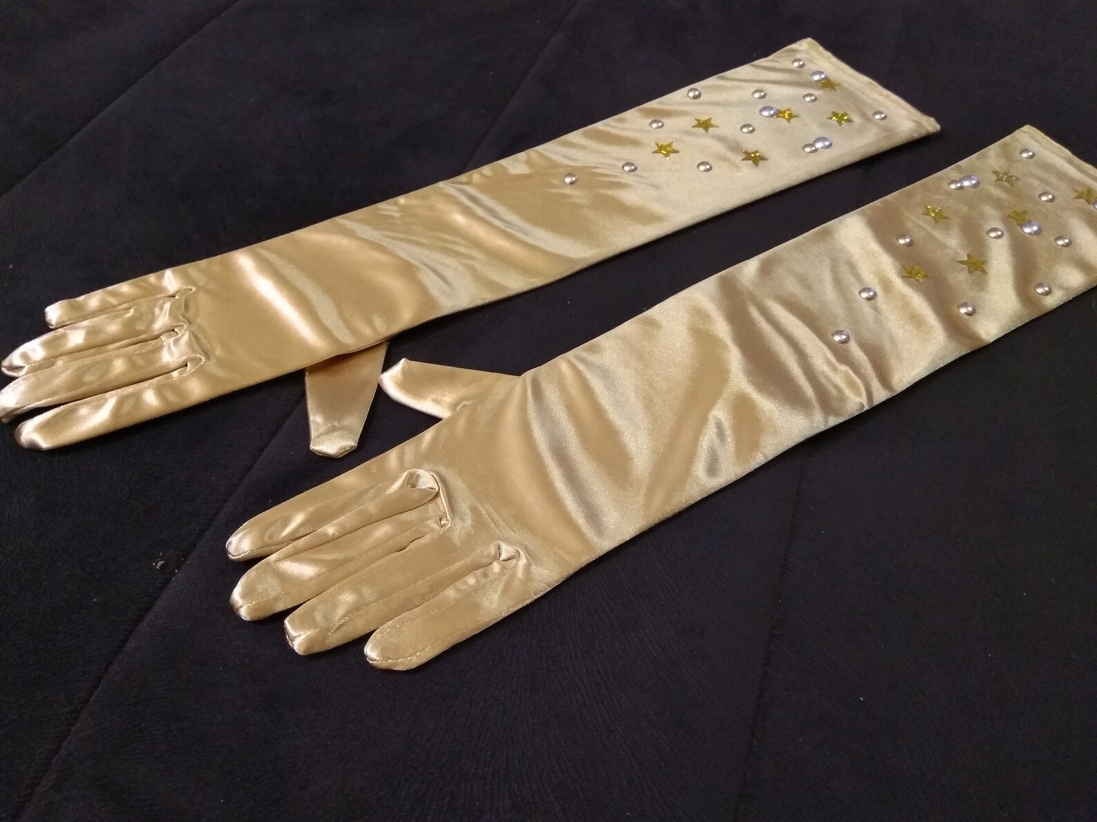 Gold Satin Gloves. Long Glitter Embellished Stretched Gloves. Etsy