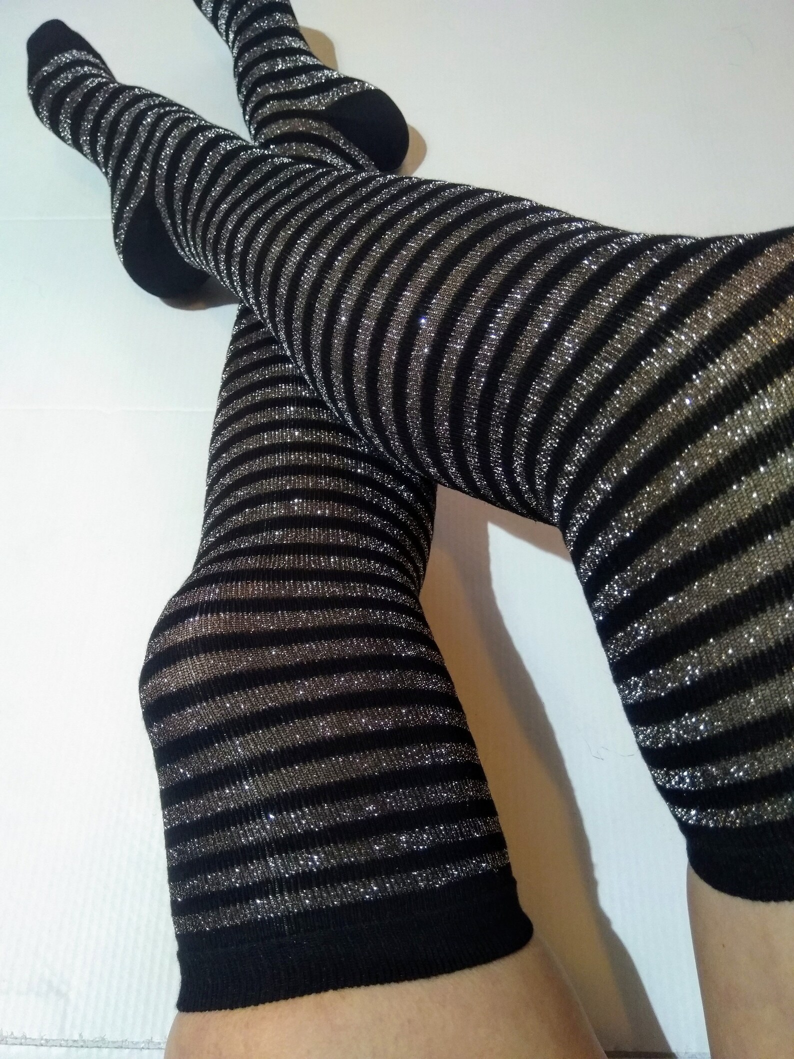 Thigh High Boot Socks. Striped Glitter Lurex Black Gray Silver Etsy