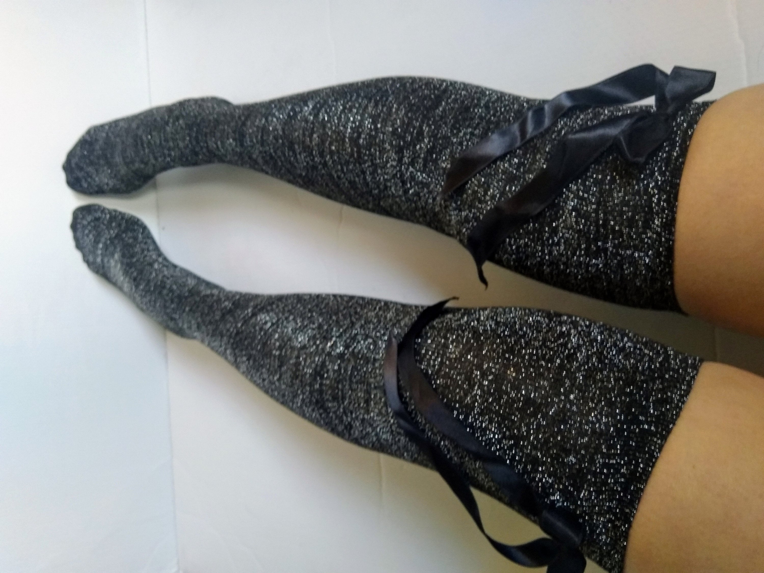 Thigh High Boot Socks. Glitter Lurex Gray Silver with Satin Etsy