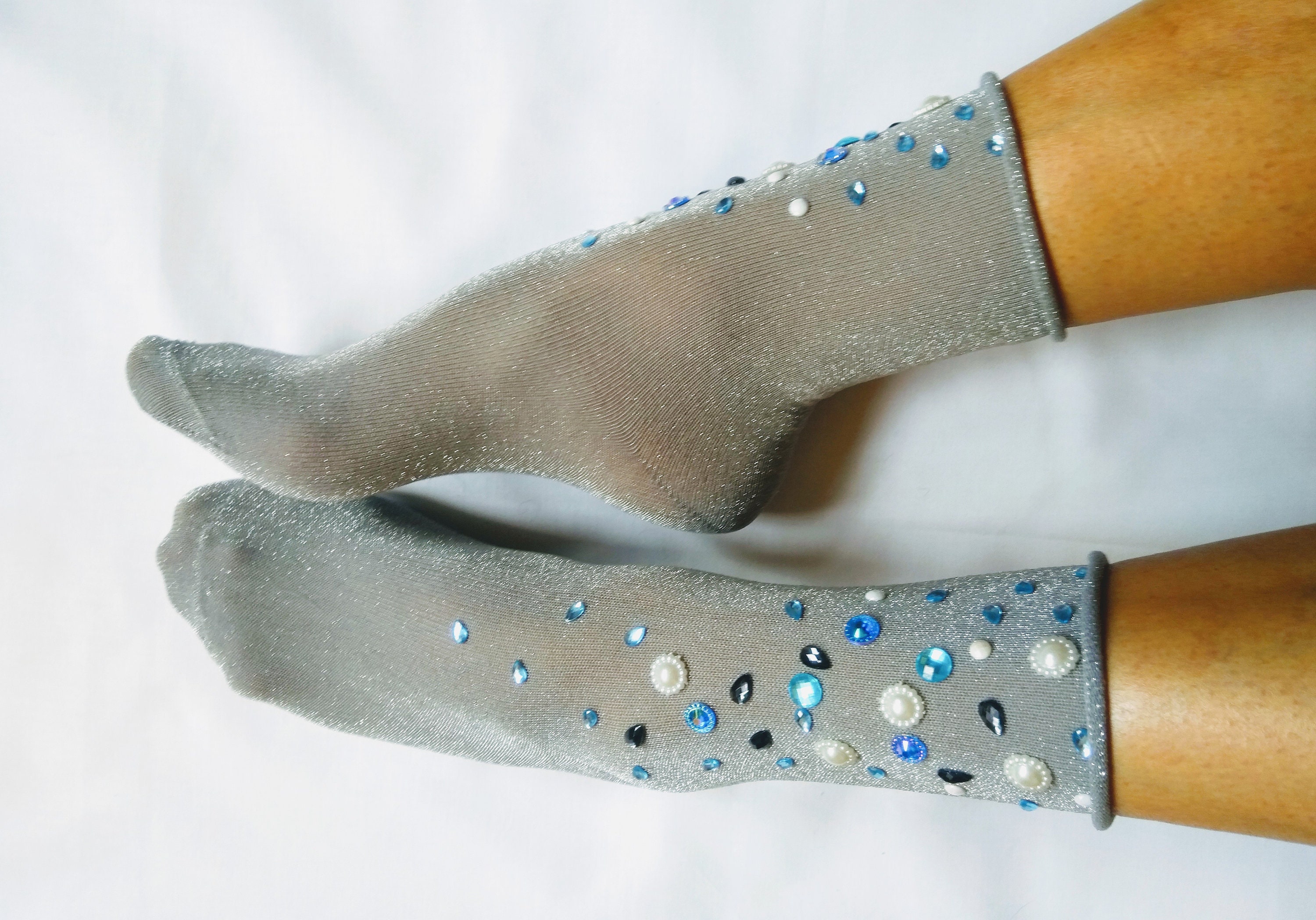 Glitter Lurex Embellished Socks. Rhinestones Cute Cotton Grey | Etsy