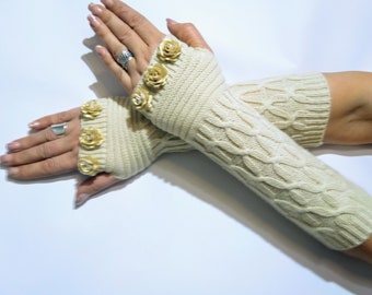 Fingerless Gloves. Alpaka Knitted Beige Long Warm Gloves with Glitter Flowers. Christmas Gift.