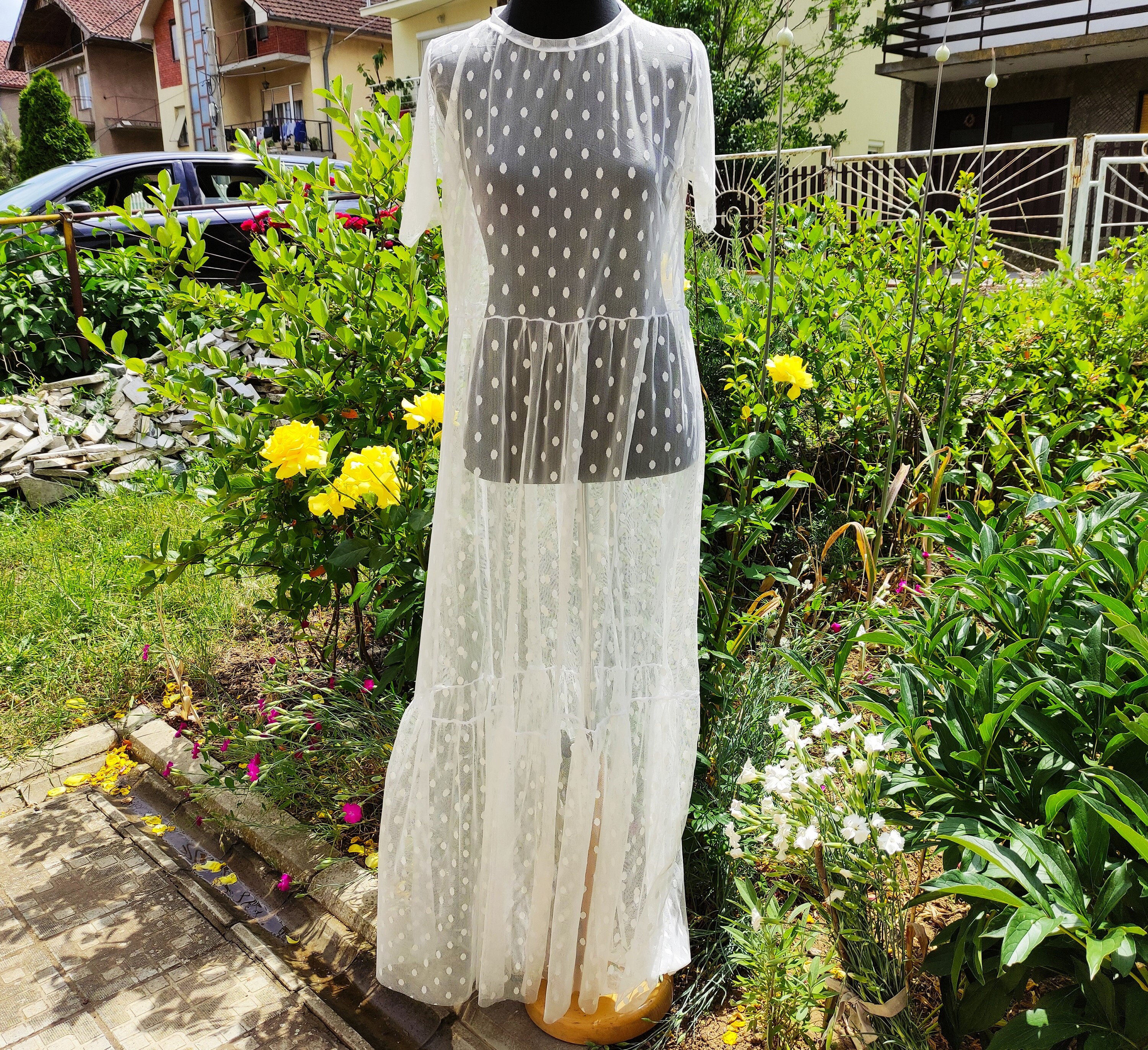 knee length dresses for ladies Willa Gathered Mesh Midi Dress - Polka Dot