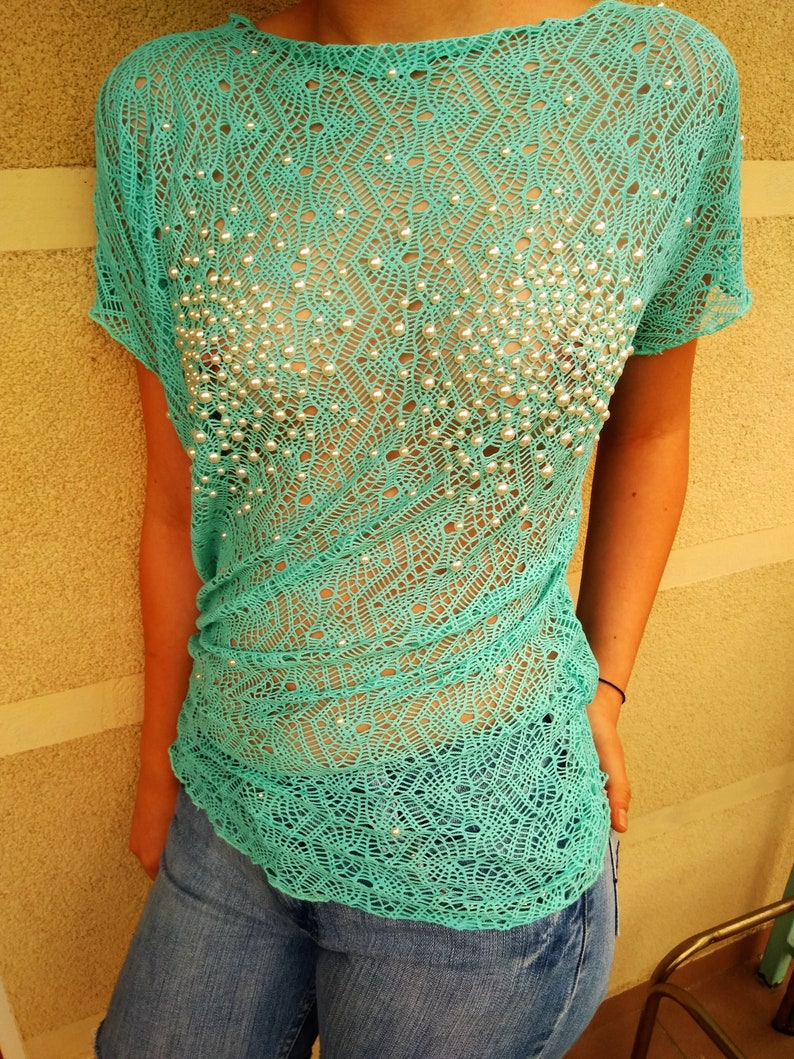 Green Blue Mesh Transparent Lace Beach Top Luxury Lingererie. Sheer Bodysuit Blouse