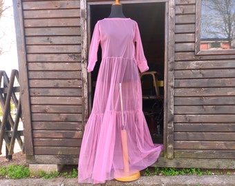 Pink Tulle Sheer Maxi Dress, Romantic Mesh Gown