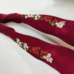 Tights For Women. Opaque Embroidered Spandex Lolita Floral Burgundy Black Womens Tights Hosiery. Embellished Tights.