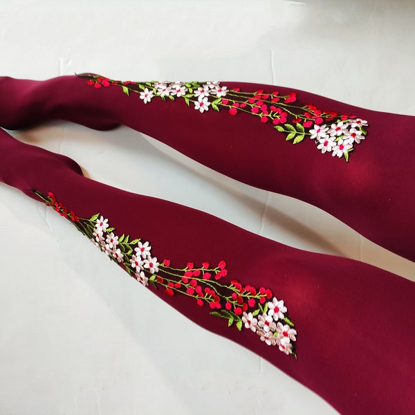 Tights For Women. Opaque Embroidered Spandex Lolita Floral Burgundy Black Womens Tights Hosiery. Embellished Tights.