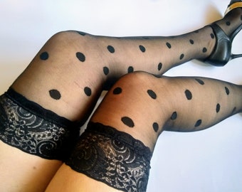 Black Polka Dot Thigh High Socks with Lace
