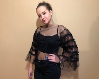 Tulle Top. Black Sheer Pleated Sleeve Transparent Mesh Blouse Bodysuit. Luxury Lingerie. Officiant Gift