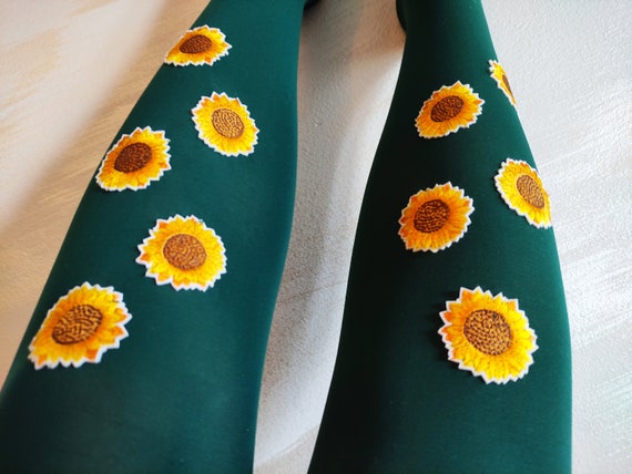 Green Sunflower Tights for Women. Opaque 80DEN Embroidered Spandex