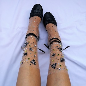 Rhinestone Butterfly Tulle Socks: Sheer Novelty Socks