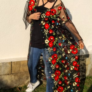 Kimono Robe. Black Robe, Embroidered Kimono Robe, Floral Kimono Robe, Oversized Cardigan. Boho Seaparates.