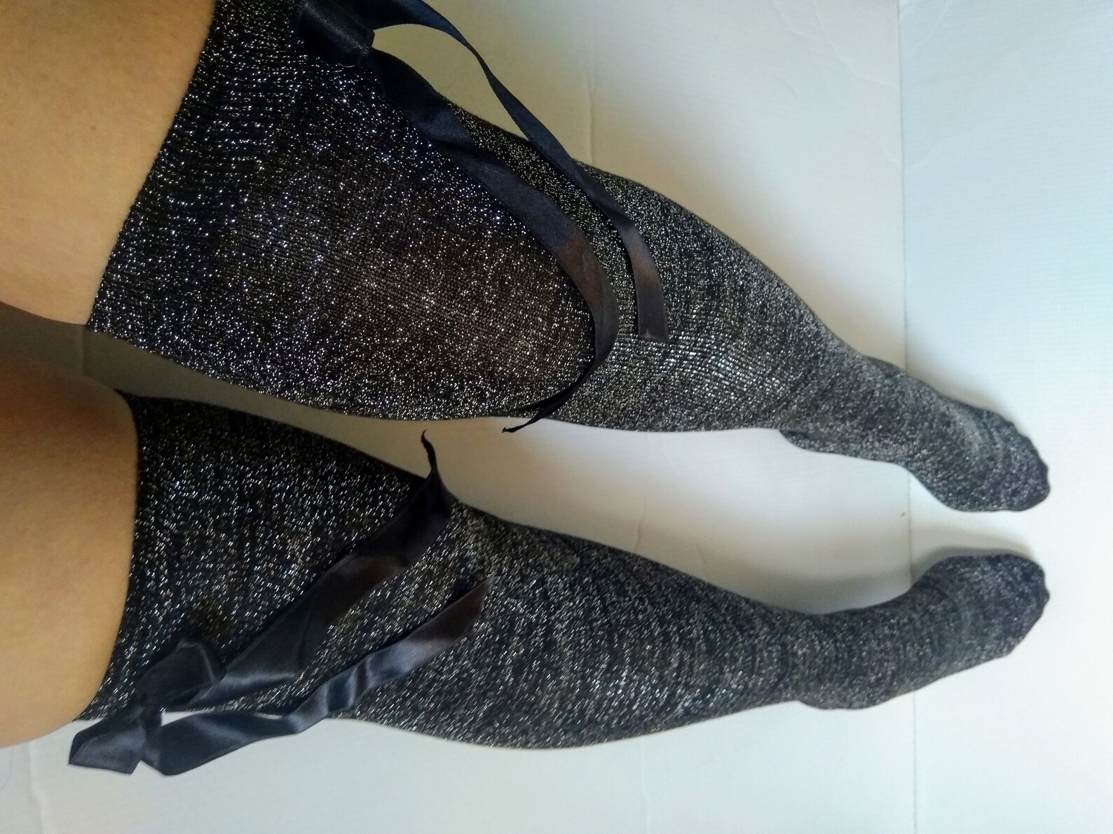 Thigh High Boot Socks. Glitter Lurex Gray Silver with Satin Etsy