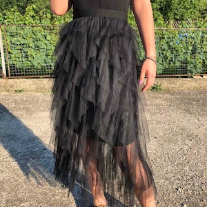 Tulle Ruffles Asymmetric Skirt. Sheer Black Trend Transparent Fashion Long Skirt With Lining. Happy Birthday Gift.