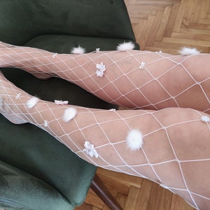 Embellished White Fishnet Tights. Little Fur White Satin Flowers Pearl Decorations Large Mesh Lolita Tights. Bridal Shower.
