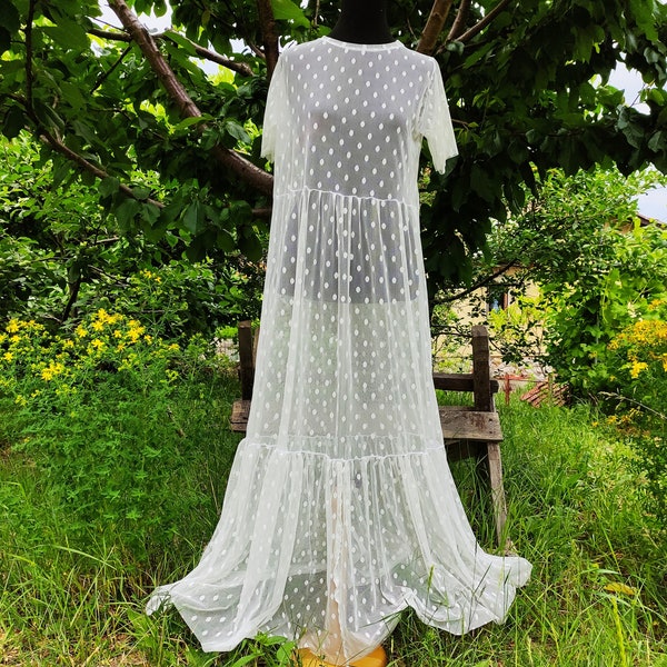 White Polka Dot Tulle Dress. Sheer Transparent Mesh Maxi Evening Bridal Dress. Tulle Gown. Transparent Lingerie.