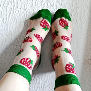 Strawberry Pattern Sheer Ankle Socks – Transparent Fruit Design