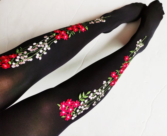 Tights for Women. Opaque Embroidered Spandex Lolita Floral Womens