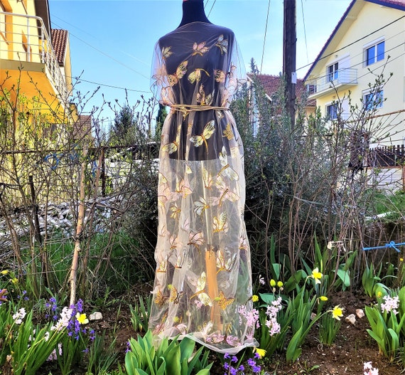 Tulle Kaftan Dress: Sheer Beige Sequins Butterflies Lace Tulle Kaftan Dress: Sheer Beige Sequins Butterflies Lace