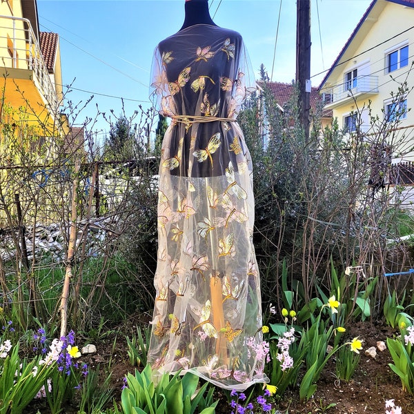 Transparent Tulle Prom Dress. Kaftan Dress Sheer Spring Summer Sequins Butterflies Lace. Mother's Day Gift.