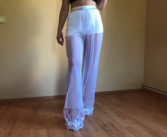 Lady See Through Glitter Pants Trousers Zip Crotch Sheer Transparent Bell  Bottom