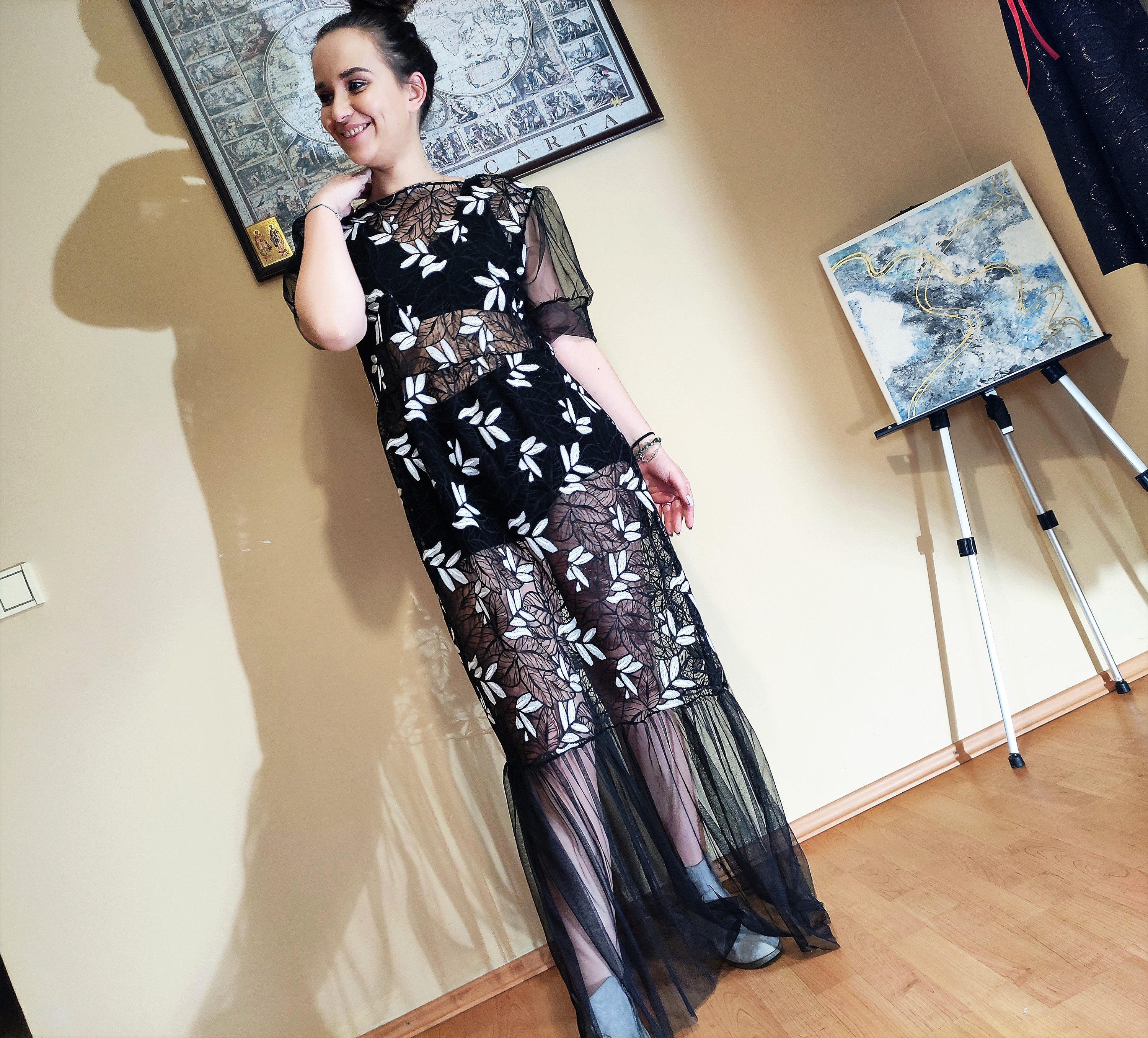 Black & White Tulle Maxi Dress: Sheer Leaf Evening Gown
