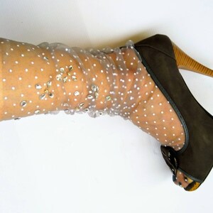 Polka Dot Gray Tulle Socks. Sheer Cute Cool Novelty Embellished Rhinestones Socks. Transparent Lingerie.