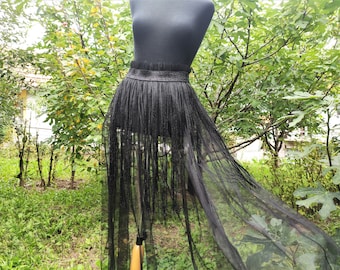 Tulle Black Fringe Skirt. Sheer Tassels Black Coctail Party Victorian Skirt . Gift for Her.