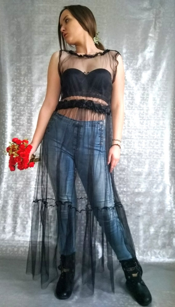 Black Tulle Sheer Mesh Dress - Flower Applique Evening Gown