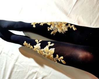 Embroidered Floral Tights: Gold Sequin Flower Spandex Hosiery