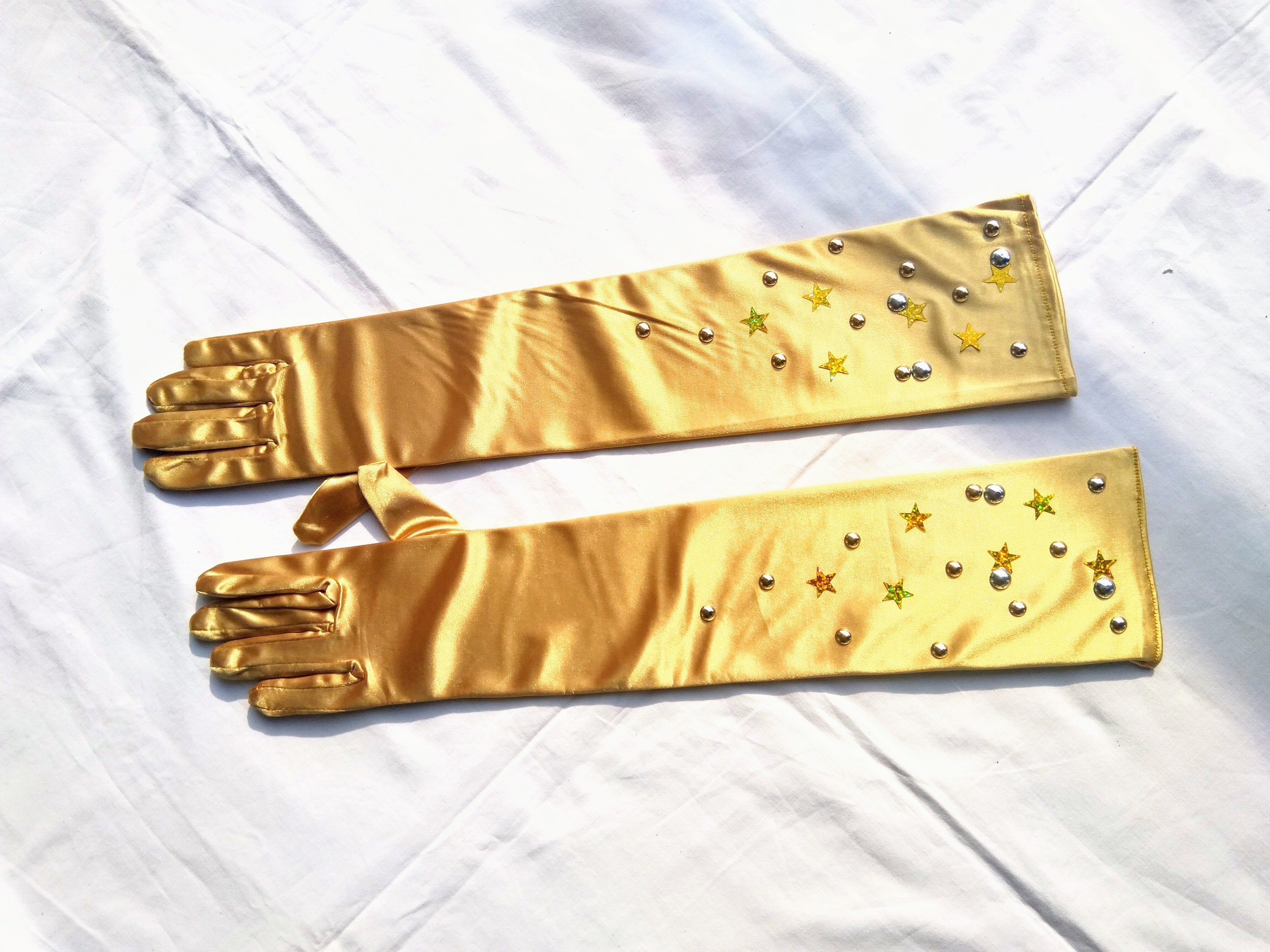 Gold Satin Gloves. Long Glitter Embellished Stretched Gloves. Etsy