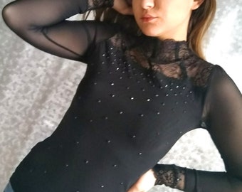 Sexy Women's Black Mesh Bodysuit Blouse. Fine Lace Transparent Tulle Top. Luxury Lingerie.