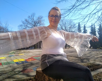 Tüll Top. Weißer schiere transparenter Netz-Blusen-Body. Luxus-Dessous.