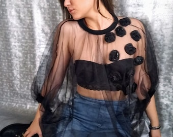 Tulle Top. Black Sheer Star Transparent Mesh Top Blouses. Luxury Lingerie.